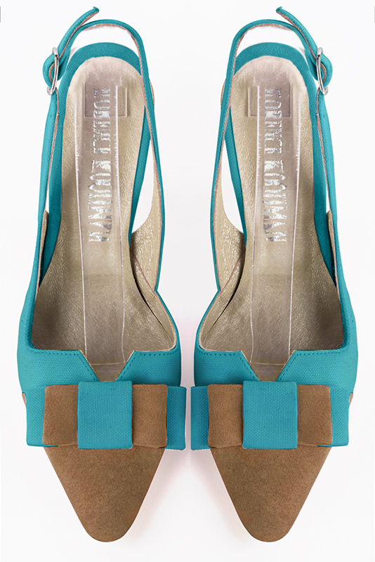 Caramel brown and turquoise blue women's open back shoes, with a knot. Tapered toe. High slim heel. Top view - Florence KOOIJMAN